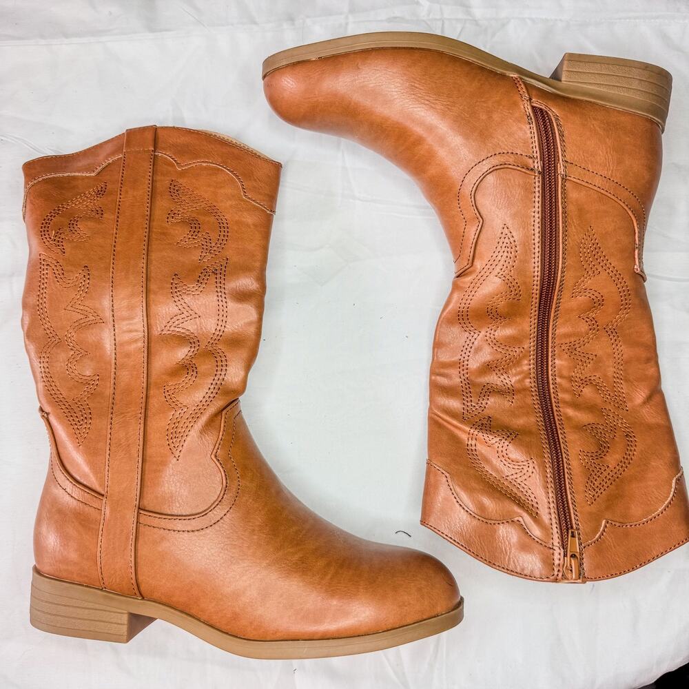 Globalwin Kids Tan Brown Western Cowboy Boots Mid Calf Slouch Side Zip New 4